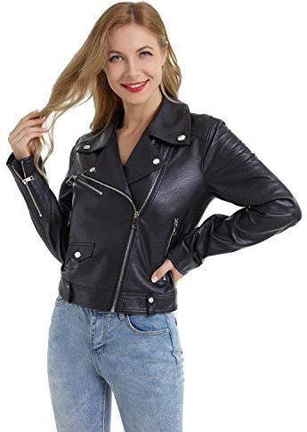 DIASHINY Black Cropped Faux Leather Jacket For Women PU Slim Zip Up Moto Biker Coat Motorcycle Crop Short Jacket 013 Medium