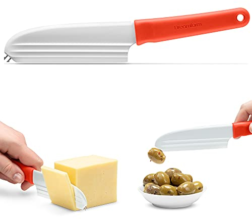 Dreamfarm Knibble Lite - Cuchillo de queso antiadherente con tenedores de acero inoxidable | Cuchillo de cocina multifuncional para rebanar, untar y servir | Rojo