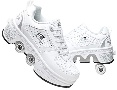 TAILORIA Double Row Roller Skate Roller Schuhe Unisex Kick Roller Schuhe Vier Rad Skateboard Schuhe Kinder Skates Abnehmbare 2 in 1 Rollschuhe, Weiß, 3.5