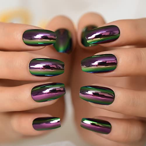 Dark Purple Metallic Holographic Chrome Coffin Medium Press on Nails Short Length Mirror Ballet False Nails Glossy Gel Shine Fake Nail Tips 24 pcs/kit