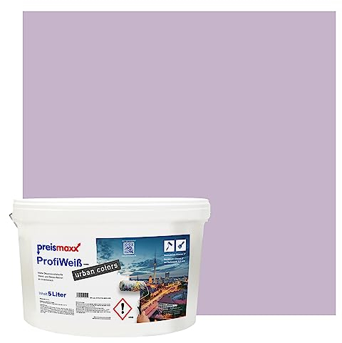 Preismaxx Profiweiß Wandfarbe lila 5L, hohe Deckkraft, Dispersionsfarbe innen, Innenwandfarbe Raumfarbe flieder deckend, Deckkraftklasse 2, matt Innenfarbe Profi Qualität