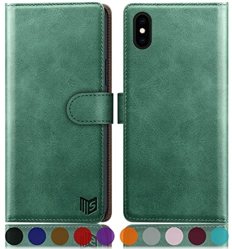 SUANPOT [RFID Schutz für iPhone XS Max 6,5-Zoll Hülle PU Leder Handyhülle Lederhülle Klapphülle Kartenfach Flip Cover für Apple XS Max Handy hülle Leather Wallet Phone Case Hellgrün