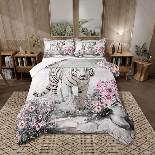 Castle Fairy Tiger-Bettwäsche-Set, volle Größe, rosa Rose, Blümchen, Afrika, wilde Tiere, Kinder, Schmusetuch Set für Jungen, Mädchen, Teenager, Schlafzimmer, Dekoration, Aquarell-Blumenblätter,