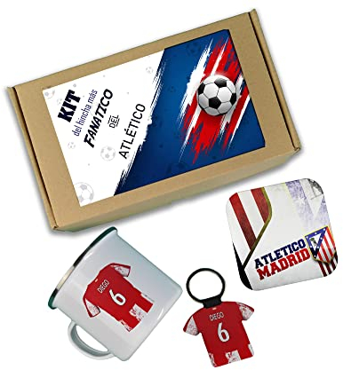Caja de regalos atlético Madrid personalizada con nombre, taza del Madrid, llavero del Madrid, posavasos del Madrid