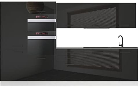 Belini Küchenzeile Küchenblock Grace - Küchenmöbel 300 cm Einbauküche Vollausstattung ohne Elektrogeräten mit Hängeschränke und Unterschränke, ohne Arbeitsplatten, Schwarz Hochglanz
