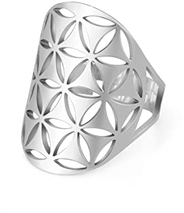 kkjoy Edelstahl Durchbrochener Ring mit Blume des Lebens verstellbar offener Fingerring Versprechenring Schmuck Geschenk für Frauen