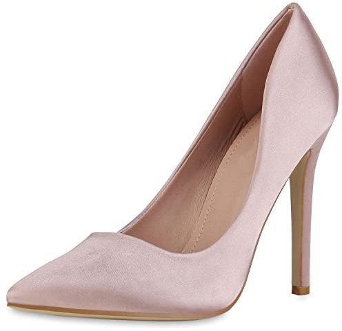 VAN HILL Damen High Heels Pumps Party Stiletto Schuhe Spitze Satin-Optik Absatzschuhe Elegante Freizeit Abendschuhe 210749 Beige 39