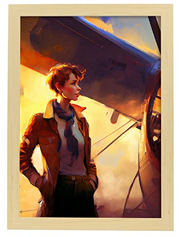 Nacnic Amelia Earhart in voller Farbe Fotostil. Cartoon-Illustrationen berühmter Erfinder und Schöpfer. Innenarchitektur und Dekoration. A3 mit Leichtholzrahmen.