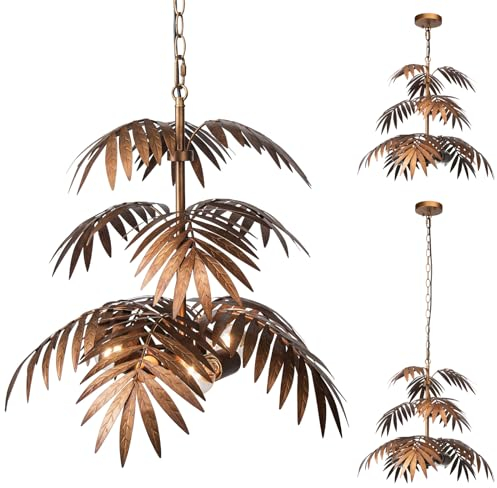 JCPYIUL Lustre Industriel Metal, Lustre Doré Suspension Vintage, Lampe Décorative en Forme de Cocotier à Trois Couches, Couleur Cuivre Antique