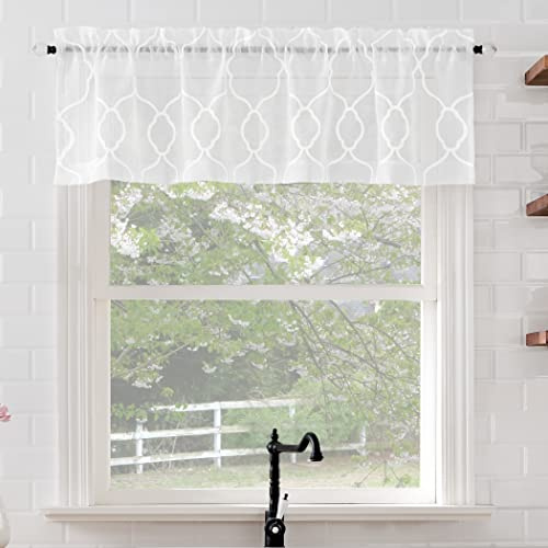 No. 918 Allerton Embroidered Trellis Rod Pocket Kitchen Curtain Valance, 52 x 14, White