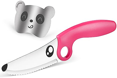 ZLemma Juego de cuchillos para niños para cocinar real con protector de dedos y anillo educativo, juego de herramientas de cocina Montessori para niños y niñas (rosa)