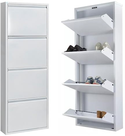 3FlexHome Modern Slim Metal Shoe Cabinet for hallway wall mounted thin flip down Shoe Rack Storage Organiser Shoe cupboard 4 Tier Indoor Outdoor (White)