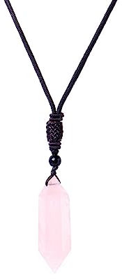 Natural Crystal Pendulum for Divination,Rose Quartz Healing Crystal Pendants, Double Pointed Crystal Wand 6 Faceted Hexagonal Pointed Dowsing Pendulum Necklace for Reiki Healing