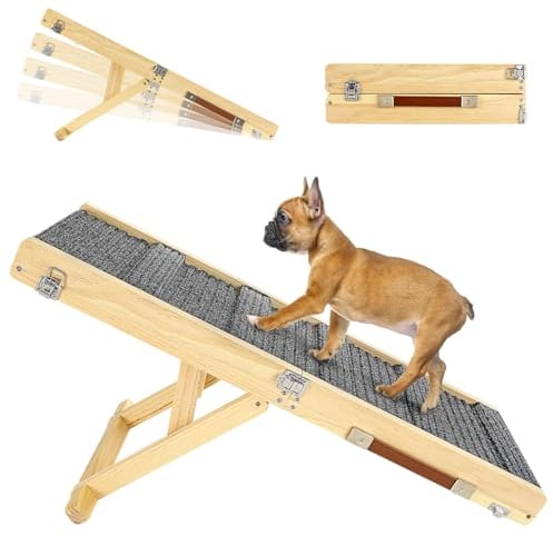 Pawaboo Faltbare Hunderampe, Tragbare Haustiertreppe aus Holz, 4 Verstellbare Höhen 7,9 - 17,7, Hundetreppe für Kleine Hunde und Katzen mit Rutschfester Matte für Niedriges Bett Couch Treppe