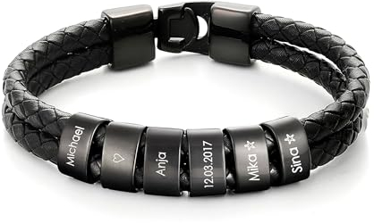 bijuuu Lederarmband Herren – Echtleder Armband mit Namen – Flechtarmband aus Leder inklusive Gravur – Namensarmband personalisiert – Geschenke für Männer – Edelstahl – Black Beads (3 Ringe)