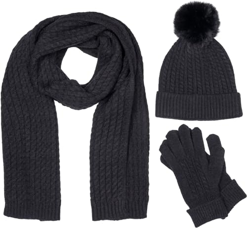 styleBREAKER Damen Set 3-Teilig aus Schal, Bommelmütze und Handschuhe, Zopfmuster Strickschal Warm Winter Einfarbig 01018270, Farbe:Schwarz