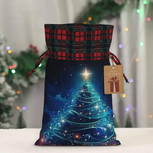 DEHIWI Sacchetti con coulisse in tela di bufalo a quadri con albero di Natale incandescente sacchetti regalo con etichetta caramelle Goody sacchetti per bomboniere di Natale