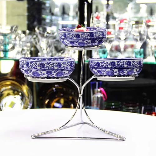 JUNYFFF Frutero 3 Pisos, Fruteros De Cocina Modernos, Frutero De Cerámica Cesta De Frutas De 3 Niveles con Soporte Metálico para Decoración De Cocina, Verduras, Frutas, Aperitivo,Pasta,Azul,C