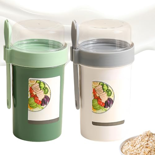 Sporgo 2 Stück Müslibecher to Go 760ml+230ml 2in1 Joghurtbecher to Go mit Löffel, Auslaufsicherer Müsli Cup to Go Becher Lunchpot Praktischer Müslibecher für Picknick, Arbeit, Schule, Grün+Weiß