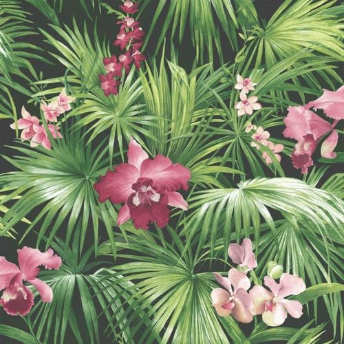 Global Fusion Tropical Green Wallpaper - Naturistic Botanical Flowers Pink Leaves - Stylish Modern Paste The Wall