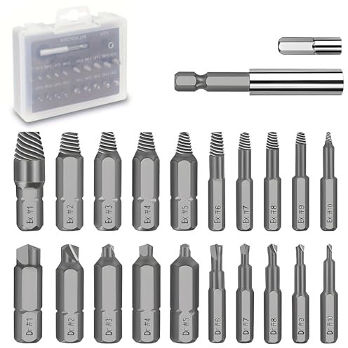 22Pcs Damaged Screw Extractor Kit, Easy Out Screw Remover Tool Set, Screw Extractor Drill Bit with Magnetic Extension Bit Holder & Socket Adapter for Stripped Broken, Rusty, Aged, Stubborn Screws