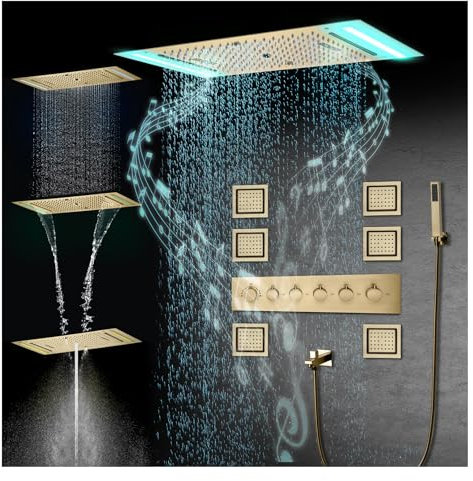 LNXGJJ Musik Duschsystem mit Thermostat 64 Farben LED Unterputz Duscharmatur Set mit 6 PCS 130 * 120mm KöRperdüSen 638 * 338mm Duschset mit Handbrause und Badewannenarmatur-Brushed Gold