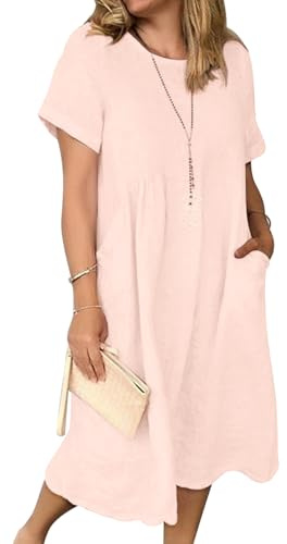 Tincini Sommerkleid Damen Leinen Kleider Casual V-Ausschnitt Midikleid Kurzarm A-Linie Kleid Strandkleid Ohne Zubehör