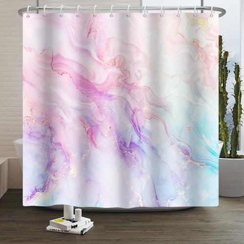 Xiaoterna Rideau de Douche en marbre Rideau de Douche coloré Bleu Rose Violet Paillettes d'or Rideaux de Douche en marbre Rideaux de Salle de Bain Luxueux en Aquarelle Décoration 150x200cm
