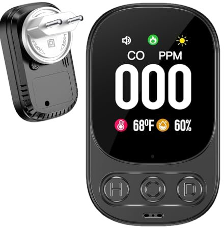 Kohlenmonoxid Melder mit Display - EN50291 Geprüft CO Warner für Haus, Keller, Garage mit 85dB Alarm, Temperatur & Luftfeuchte Anzeige, Elektrochemischer Sensor für Propan, Erdgas, Butan (Schwarz)