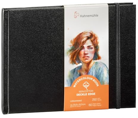 Hahnemühle Watercolour Book Deckle Edge, Aquarellbuch mit gerissenen Rändern, 100% Baumwolle, 250 g/m², matt, 30 Blatt/60 Seiten (ca. 20,5x15,3 cm/Landschaftsformat)