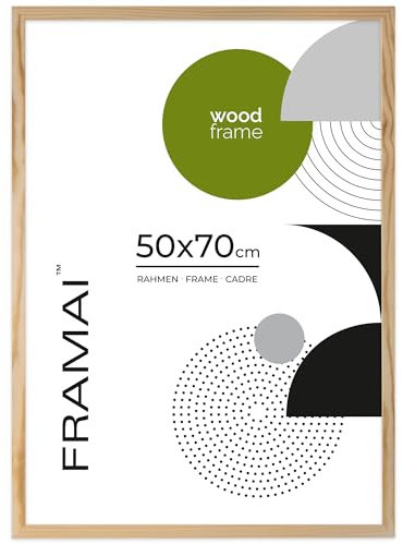 FRAMAI® Cadre photo 50x70 – Cadre en bois naturel véritable avec plexiglas incassable, système de suspension et présentoir