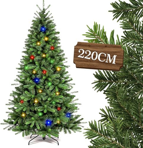 Roomark Albero di Natale artificiale 210cm in PVC & PE, con 2236 punte con decorazioni colorate, facile installazione, con supporto per albero di Natale in metallo