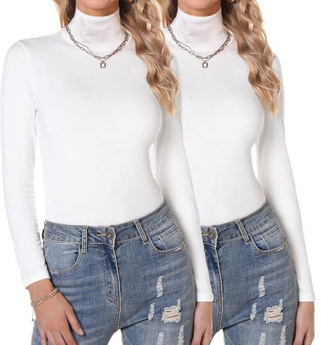Aottori Oberteile Damen Rollkragen Unterhemd Langarm Rollkragenpullover Baumwolle Thermo Langarmshirt Warm Elegant Thermounterwäsche Slim Fit Basic Top 2er-Pack Weiß+Weiß S