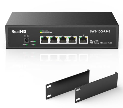 Switch di rete Ethernet gestito Web RJ45 a 5 porte da 10 GB, porta Base-T da 5 x 10 Gigabit | Supporto Swicth multi-Gig da 10 Gbps 10G-5G-2.5G-1G-100M | Montaggio su rack | Larghezza di banda 160G |