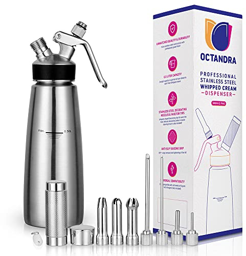 OCTANDRA 304 Stainless Steel Whipped Cream Dispenser 500mL/1 Pint Whip Cream Canister Maker Commercial Grade Whipping Siphon Cream Whipper with 3 Decorating Tips, 4 Injector Tips & Charger Holder