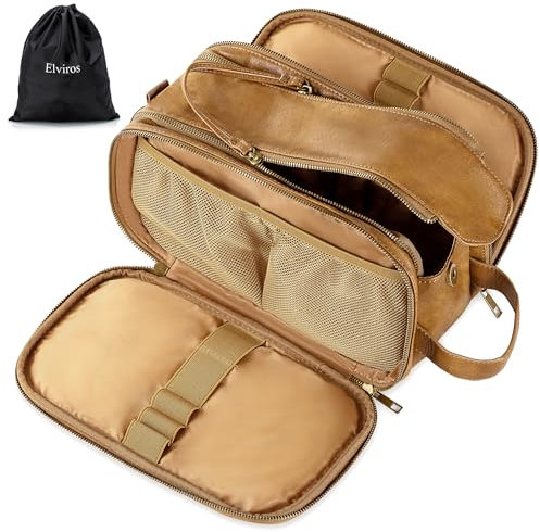 Elviros Kulturbeutel für Herren mit großem Fassungsvermögen, Make-up-Tasche mit wasserdichtem PU,30,5 x 16.5 x 17.5 cm, Elegant und langlebig, Toffee