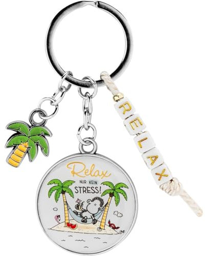 Sheepworld Schlüsselanhänger mit Spruch Relax | Anhänger mit Schlüsselring, 8,6 cm, mit Palmen-Charm | 74127