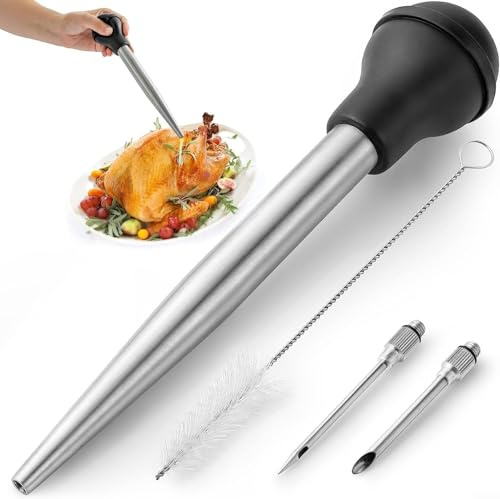 Besttoolifes Truthahn-Bratenspritze aus Edelstahl zum Kochen, Truthahn-Bratenspritze mit Silikon-Saugnapf, große Größe, inklusive 2 abnehmbaren Nadeln und Reinigungsbürste
