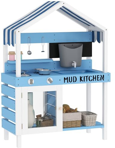 AIYAPLAY Kids Mud Kitchen, Outdoor Play Kitchen with Stoves, Sink, Faucet, Storage Shelves, Cookware Accessories, Pretend Wooden Kitchen Playset for Boys Girls, Blue