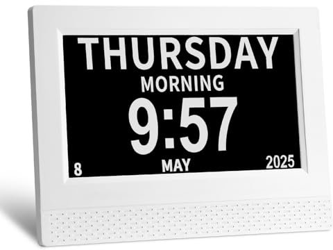 Goxiry Upgraded, 7 Zoll Digital Wecker, Senioren Uhr，Wecker Digital mit Erinnerungsfunktion，Automatische Helligkeitsanpassung, für Senioren und Alzheimer Krankheit (Weiß)