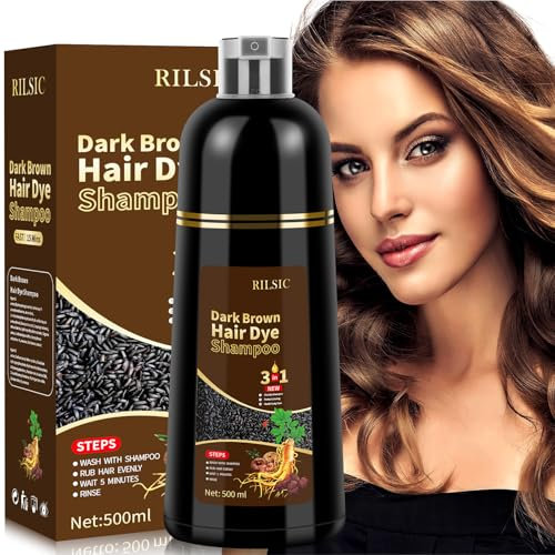 RILSIC Shampoo Colorante Castano Scuro Donna Uomo, 500ML Shampoo Colorante Capelli Bianchi, Hair Dye 3 in 1, Tintura per Capelli Bianchi Istantaneo, Colore e Duratura, Tinta Capelli per Uomini Donne