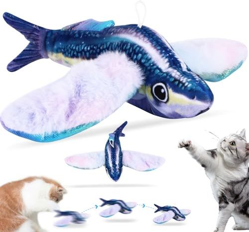 Kinberry Fliegender Fisch Spielzeug für Katzen - Weiches Katzenkauspielzeug, Bewegungsaktiviertes Bewegliches Katzenspielzeug mit Katzenminze-Paketen, USB-Aufladbar, Waschbar, Geräuscharmes Nip