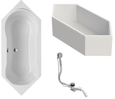 Schulte Sechseckbadewanne Fluvia 190x80 cm, Komplettset inkl. Wannenträger, Ab- und Überlauf, aus hochwertigem Acryl in Weiß glänzend