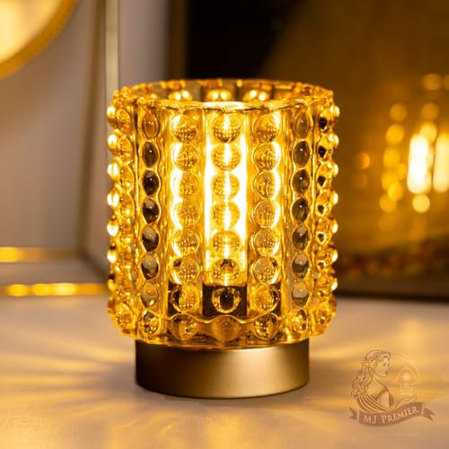 Batteriebetriebene Lampe mit Timer, Mini-Kristall-Tischleuchten für Wohnkultur, Tischlampe kabellose Lampe für Bereiche Glas-Batterieleuchten für Eingangsbereich, Schlafzimmer, Bad, Regal, Ecke (Gelb)