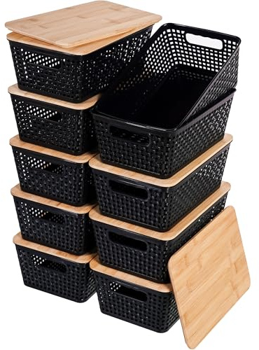 Citylife Set of 10 Pack Storage Baskets with Bamboo Lids,Woven Plastic Storage Boxes,Stackable Lidded Bins for Kitchen Bathroom Desktop Closet Classroom Office,Black
