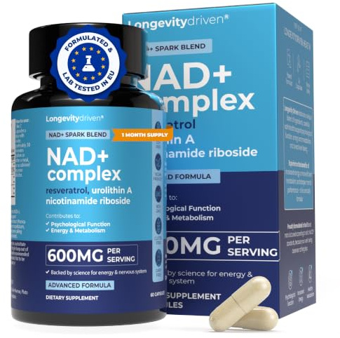 NAD+ 600mg Anti Aging, Nicotinamide Riboside, Urolithin A & Resveratrol | NAD+ coenzyme naturally falls with age; Vitamin B3 fuels energy, metabolism & eases tiredness; 60 vegan capsules, EU made