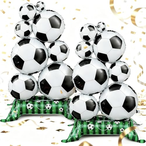 PTORIZNY Lot de 2 ballons géants de football sur pied, 140 x 78,7 cm avec base verte, ballons de football sur le thème de la coupe du monde de football, décorations de fête d'anniversaire