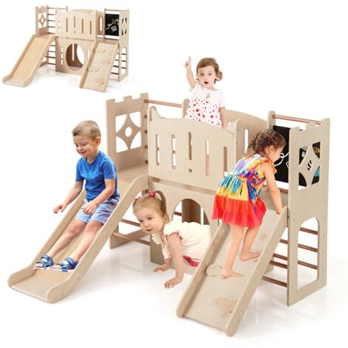 HOMASIS 8 in 1 Klettergerüst Indoor, Holz Kinderrutsche mit Tafel Kletterleiter Tunnel Stauraum, Spielplatz im Burgform, Outdoor Babyrutsche Rutschenset für Kinder ab 3 Jahren,142 x 124,5 x 100 cm
