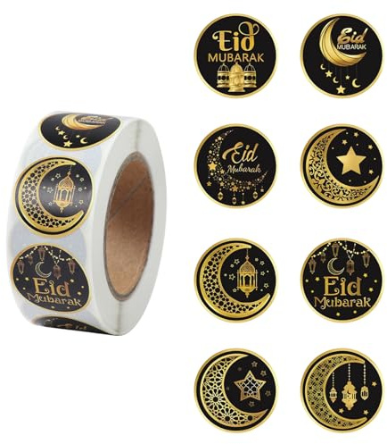 Bubaxuce 500 STK 2,5 cm Eid Mubarak Ramadan Kareem Aufkleber Rolle, 8 runde Designs – Glückliches Eid Geschenketiketten, Selbstklebende Aufkleber für Geschenkpapier