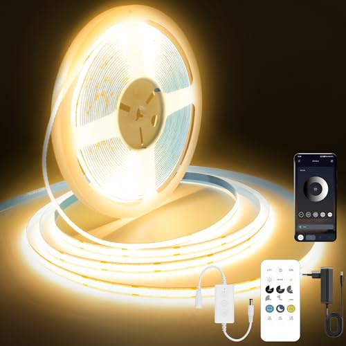 FUIQI 24V COB LED Streifen7.5m,Warmweiß 2700K,mit Fernbedienung | und App dimmbar 0-100%,8mm Breite,CRI 90+,Timer&Memory Funktion,kürzbarer LED band für Küche,Schlafzimmer